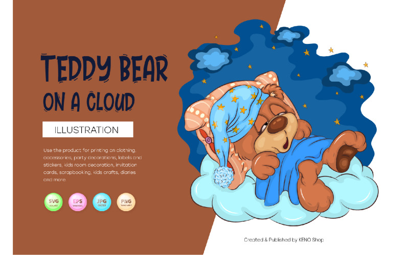 Cartoon Teddy Bear on a cloud. T-Shirt, PNG, SVG. Vector Graphic