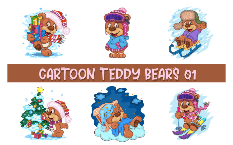 Set of Cartoon Teddy Bears 01. T-Shirt. Vector Graphic