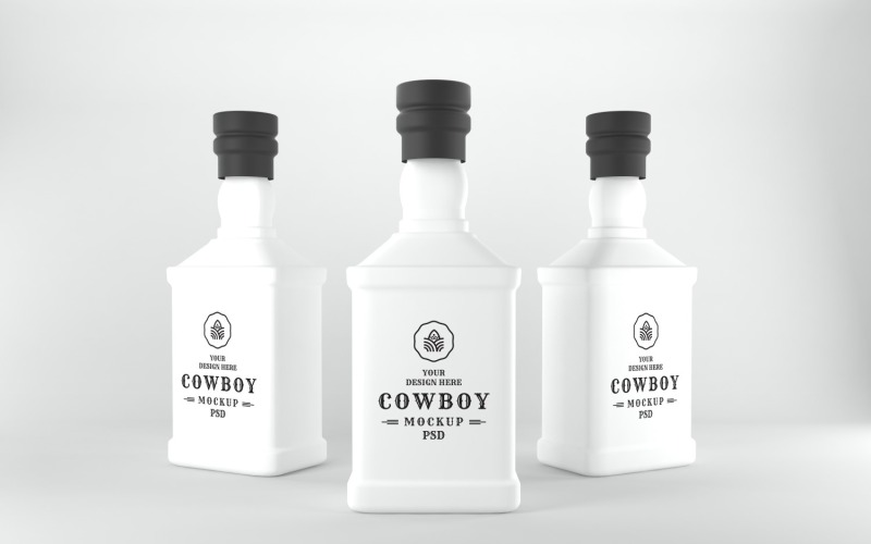 A white Three bottles with black caps isolated on gray background Product Mockup
