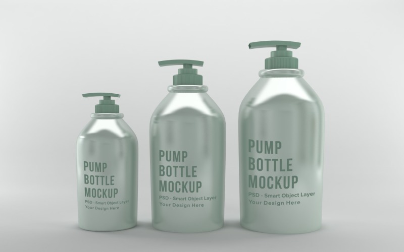 3d render of pump Three bottles with different sizes isolated on white background Product Mockup