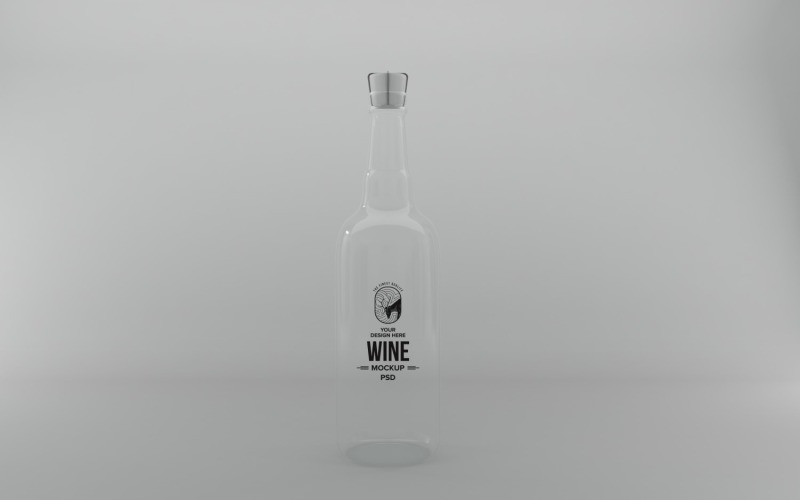 3D rendering of an empty glass wine Mockup bottle isolated in the light gray background Product Mockup