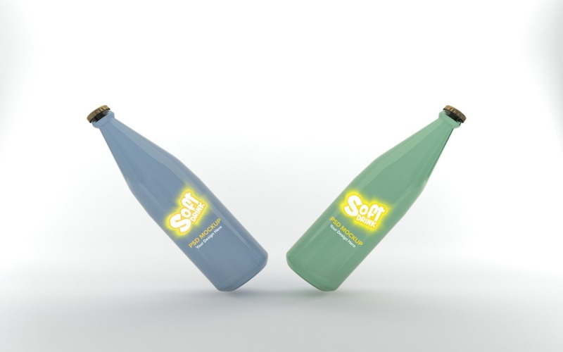 3D rendering of two blue and green smooth bottles Mockup isolated in the light background Product Mockup