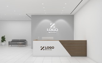 A 3D rendering of a modern office reception interior Mockup Template