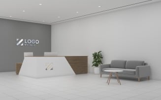 A 3D rendering of a modern office reception interior Mockup