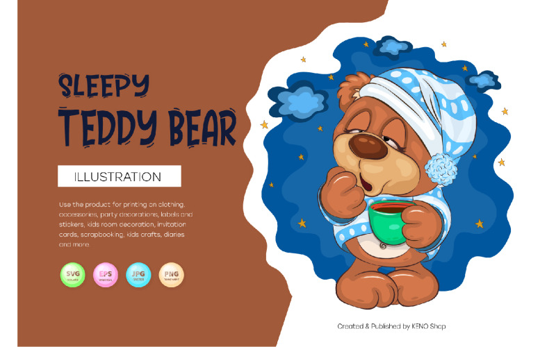 Sleepy Cartoon Teddy Bear. T-Shirt, PNG, SVG. Vector Graphic