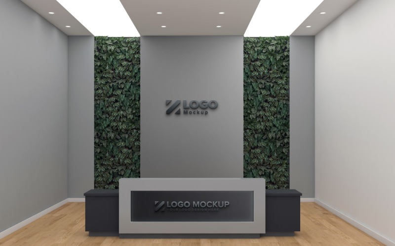 Hotel reception counter with Gray Wall logo mockup Product Mockup