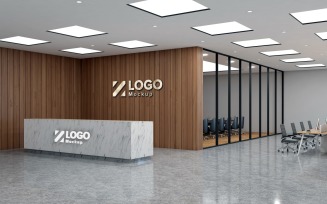 Interior of a hotel reception modern style with Meeting Room And White Sling Logo Mockup