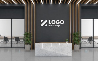 Office interior with a texture marble And wooden sling Logo Mockup