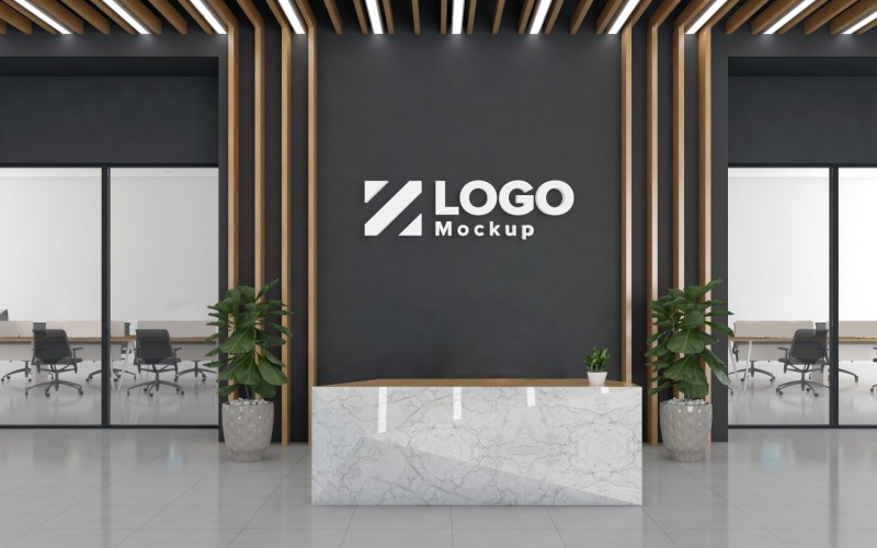 Office interior with a texture marble And wooden sling Logo Mockup Product Mockup