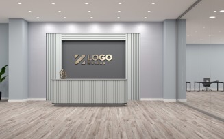 Office Reception counter with Black wall and Glass Room Logo Mockup