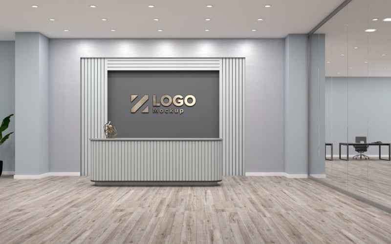 Office Reception counter with Black wall and Glass Room Logo Mockup Product Mockup