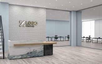 Office Reception counter with Break stone wall and Glass Room Logo Mockup