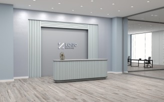 Office Reception counter with Gray wall & Glass Room Logo Mockup Template