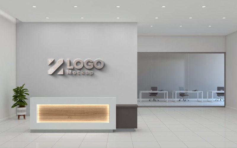 Office reception counter with Gray Wall And Glass Room logo mockup Template Product Mockup