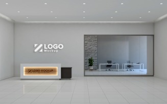 Office reception counter with Gray Wall And Glass Room logo mockup