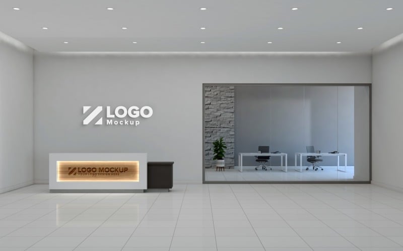 Office reception counter with Gray Wall And Glass Room logo mockup Product Mockup