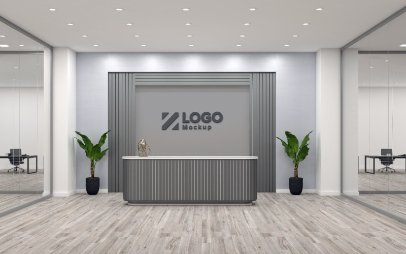 Office Reception counter with Gray wall With Meeting Room Logo Mockup Template Product Mockup