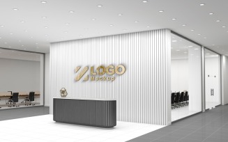 Office Reception counter with White wall with Meeting Room Logo Mockup