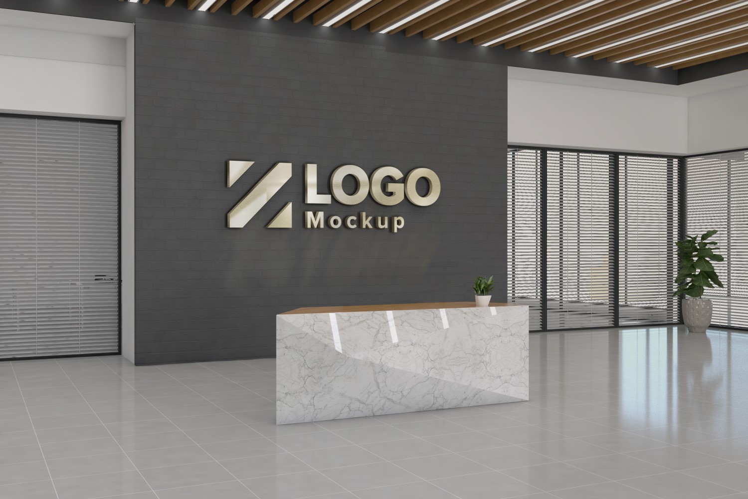 Office Reception with a Black Wall Logo Mockup