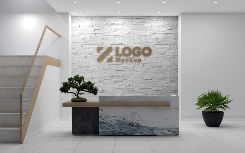 Office Reception with Rough stone wall Logo Mockup Product Mockup