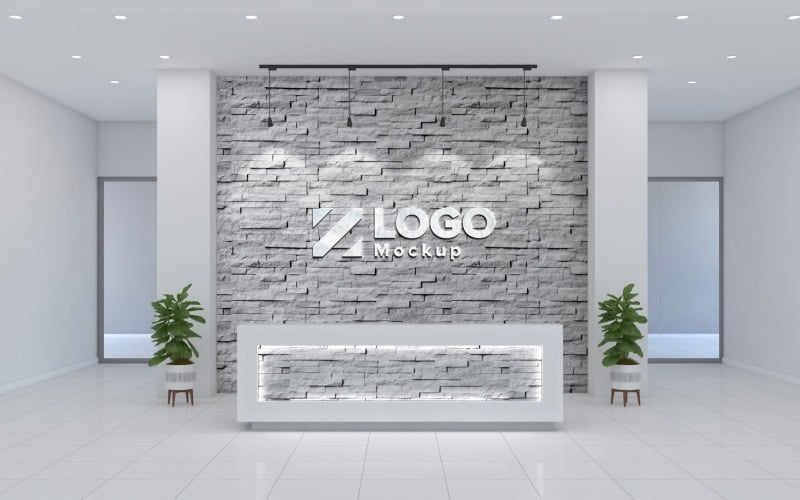 Office Reception with Rough stone walls Mockup template Product Mockup