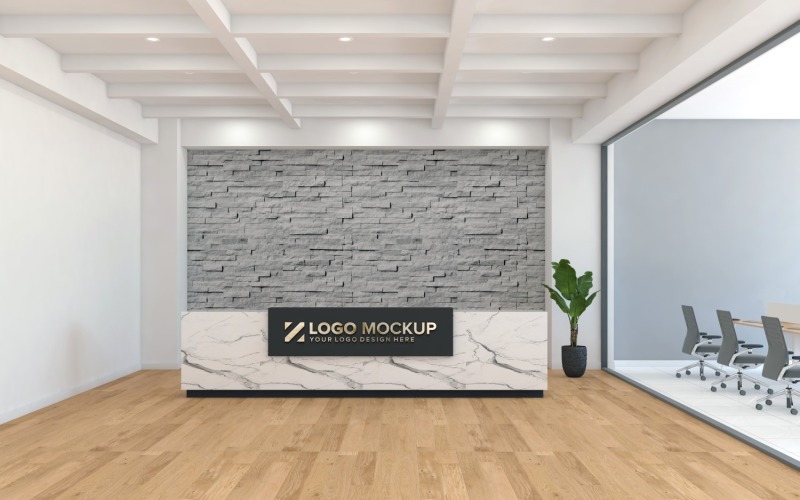 People in corridor of office with reception counter & meeting room with glass doors Product Mockup