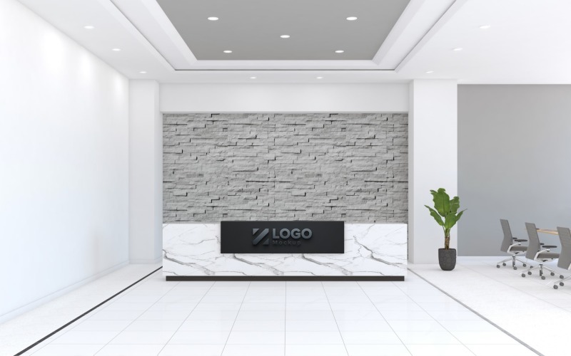 People in corridor of office with reception counter and meeting room with glass doors Logo mockup Product Mockup