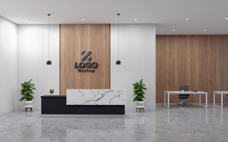 Reception Interior of a Hotel modern style with Black Wall Logo Product Mockup