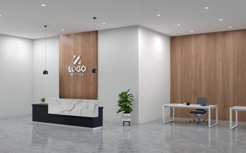 Reception Interior of a Office modern style with Black Wall Logo Mockup Product Mockup