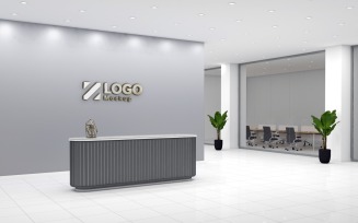 Hotel Reception counter with Gray wall Logo Mockup Template