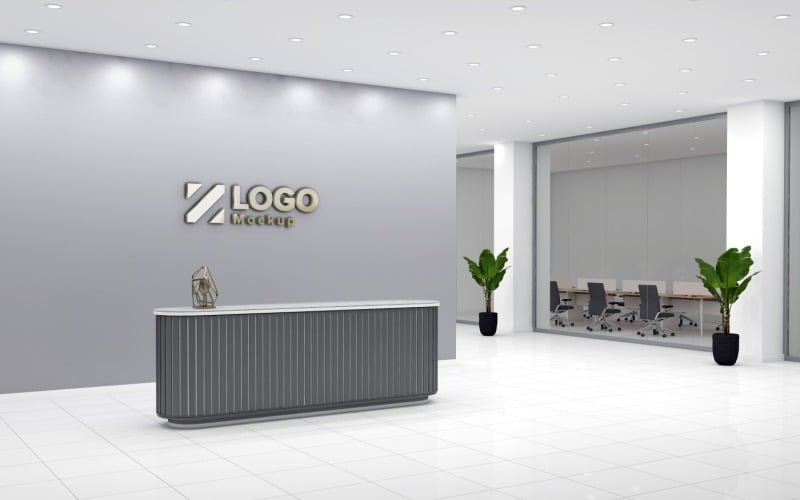 Hotel Reception counter with Gray wall Logo Mockup Template Product Mockup