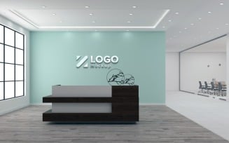 Hotel Reception counter with White wall with Meeting Room Logo Mockup Template