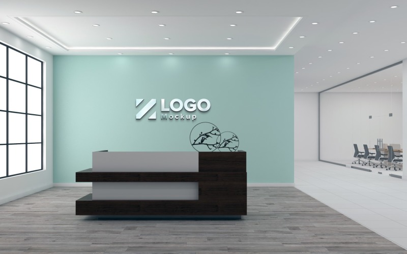 Hotel Reception counter with White wall with Meeting Room Logo Mockup Template Product Mockup
