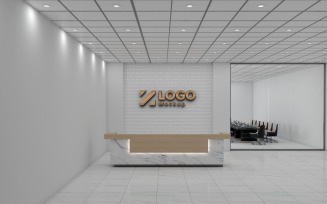 Modern Hotel reception interior Marble texture Counter Gray Break Wall with meeting Room Logo Mockup