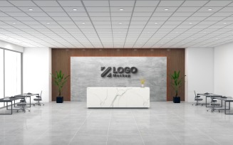 Modern Hotel reception interior Marble texture Counter with Marble Wall meeting Room Logo Mockup