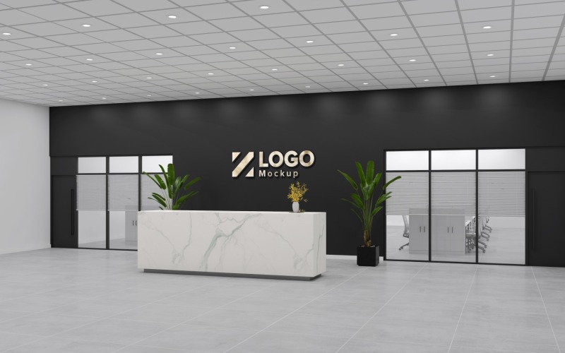 Modern Office Reception Interior Black Wall with Marble Counter logo Mockup Product Mockup