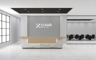 Modern Office reception interior Counter Break Gray Wall with meeting Room Logo Mockup