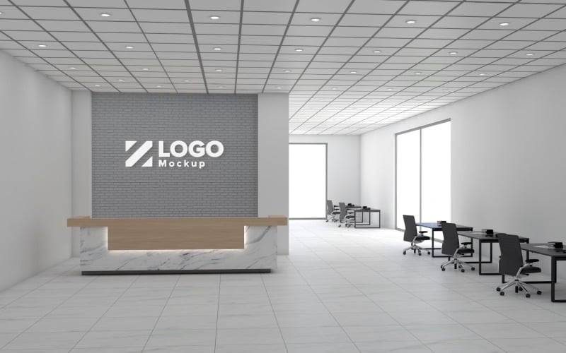 Modern Office reception interior Counter Gray Break Wall with meeting Room Logo Mockup Template Product Mockup