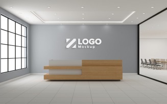 Modern Office reception interior Counter Gray Wall with meeting Room Logo Mockup Template