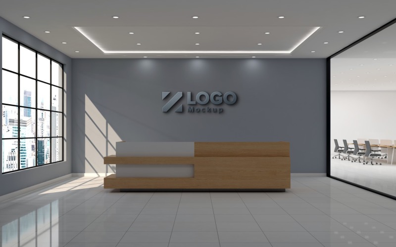 Modern Office reception interior Counter Gray Wall with meeting Room Logo Mockup Product Mockup