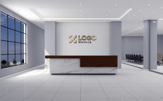 Modern Office reception interior Counter White Wall with meeting Room Logo Mockup