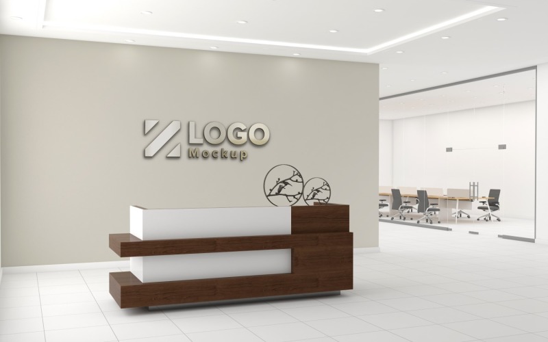 Modern Office reception interior Counter with meeting Room Logo Mockup Product Mockup