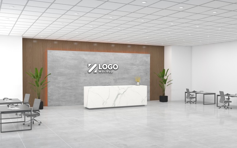 Modern Office Reception Interior Gray Wall with Marble Counter logo Mockup Product Mockup