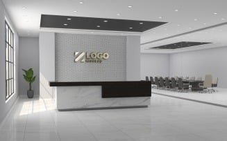 Modern Office reception interior Marble counter Counter Gray Wall with meeting Room Logo Mockup