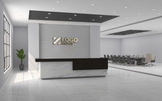 Modern Office reception interior Marble counter Counter Gray Wall with meeting Room Logo Mockup