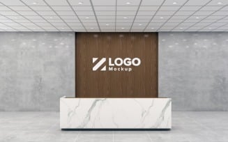 Modern Office reception interior Marble texture Counter wooden Wall with meeting Room Logo Mockup
