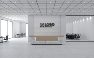 Modern Office reception interior Wooden Counter Gray Break Wall with meeting Room Logo Mockup