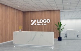 Modern Office Reception Interior wooden Wall with Marble Counter logo Mockup