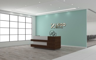 Office Reception counter with glass wall and Meeting Room Logo Mockup Template
