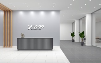 Office Reception counter with Gray wall and Meeting Room Logo Mockup Template